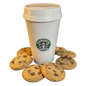 STARBUCKS 2000 White Ceramic Barista To-Go Cup Canister / Cookie Jar w/Lid 9x5”